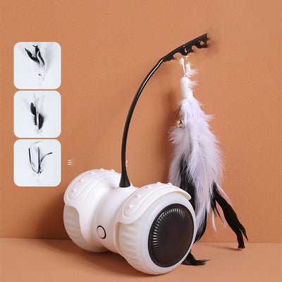 White and mint green remote control cat toy with a feather wand and bell, shown with remote, USB cable, and batteries. - Image 3