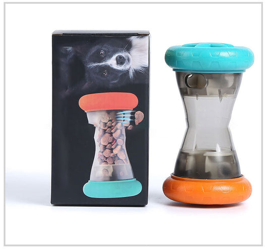 Blue and orange pet food leakage toy, shaped like a dumbbell, filled with kibble, with a bulldog in the background. - Image 10