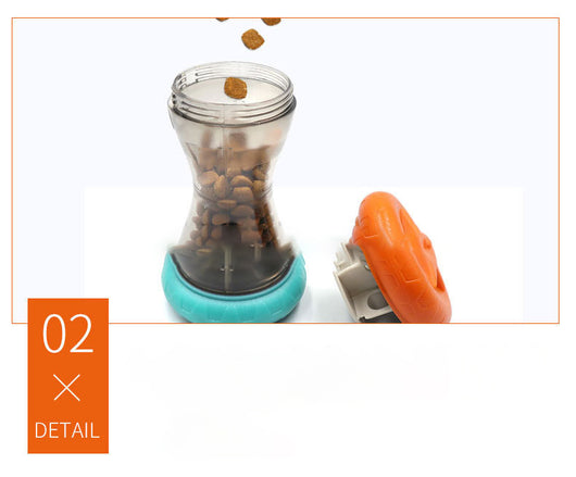 Blue and orange pet food leakage toy, shaped like a dumbbell, filled with kibble, with a bulldog in the background. - Image 9