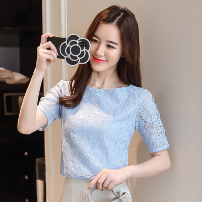 Blusa de Gasa con Mangas Linterna y Encaje