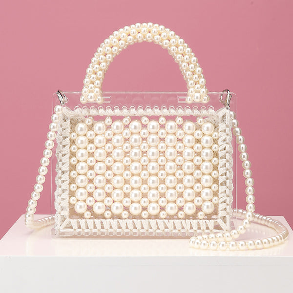 Bolso de Hombro Diagonal con Perlas Tejidas y Acrílico Transparente - Diseño Artesanal