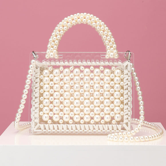 Bolso de Hombro Diagonal con Perlas Tejidas y Acrílico Transparente - Diseño Artesanal