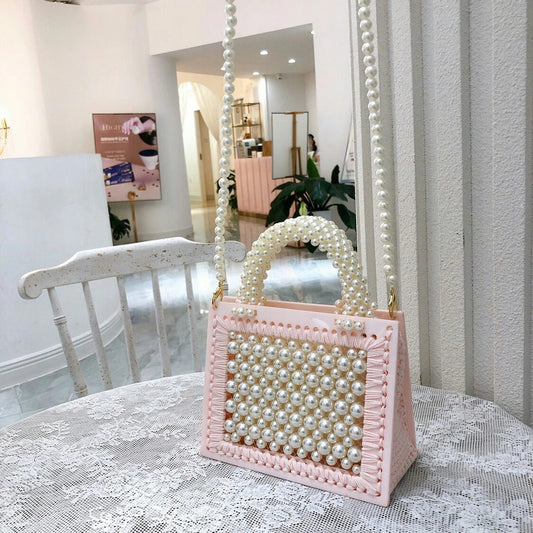 Bolso de Hombro Diagonal con Perlas Tejidas y Acrílico Transparente - Diseño Artesanal