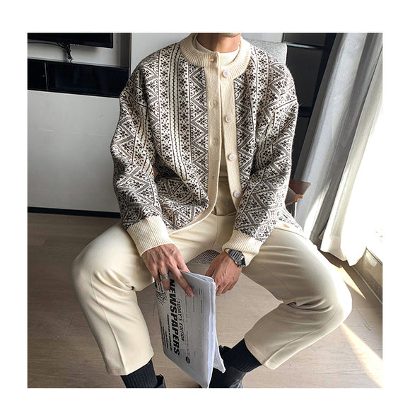 Cardigan Grueso Hombre Retro Cuello Redondo Ajuste Holgado