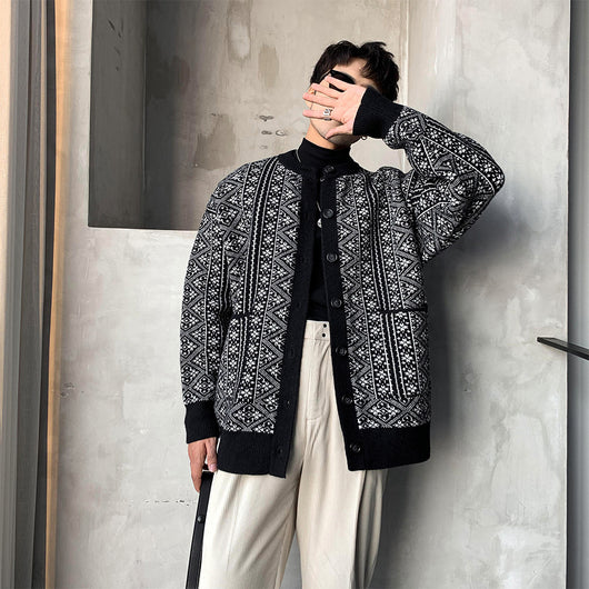 Cardigan Grueso Hombre Retro Cuello Redondo Ajuste Holgado - Image 6