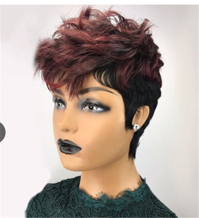 Peluca Corta Roja Vino con Flequillo Oblicuo Voluminoso Estilo Europeo - Image 8