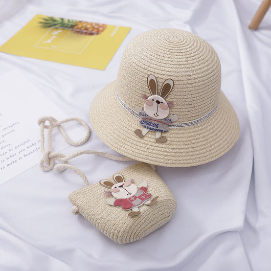 Set de Bolsa Decorativa y Sombrero de Paja con Diseño de Conejito