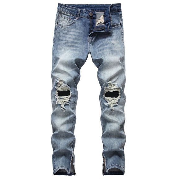 Calça Jeans Masculina Rasgada com Zíper - Denim Elástico