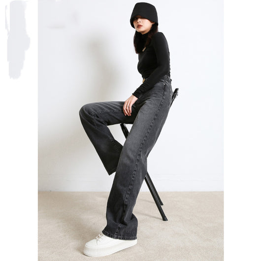 Pantalones Jeans Cintura Alta Pierna Recta Gris Humo - Corte Amplio y Drapeado - Image 5