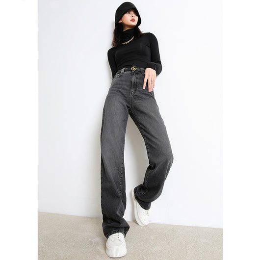 Pantalones Jeans Cintura Alta Pierna Recta Gris Humo - Corte Amplio y Drapeado