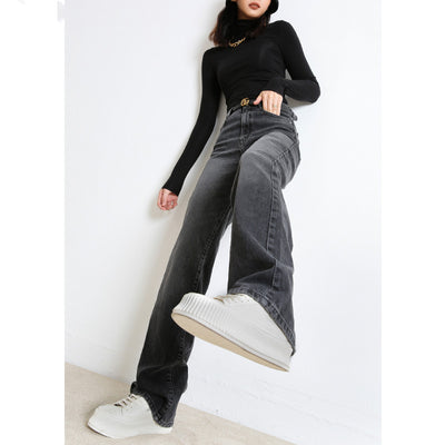 Pantalones Jeans Cintura Alta Pierna Recta Gris Humo - Corte Amplio y Drapeado - Image 12