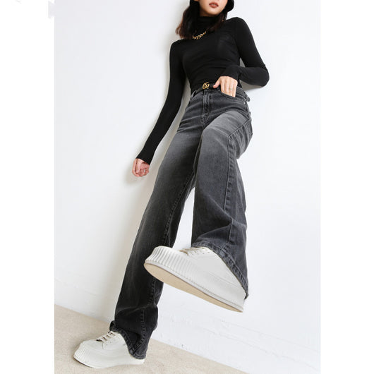 Pantalones Jeans Cintura Alta Pierna Recta Gris Humo - Corte Amplio y Drapeado - Image 12