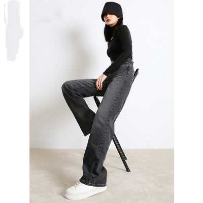 Pantalones Jeans Cintura Alta Pierna Recta Gris Humo - Corte Amplio y Drapeado - Image 11