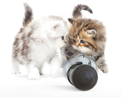 Pink and white bear-shaped pet treat dispenser toy filled with kibble, with a kitten and dog in the background. - Image 16