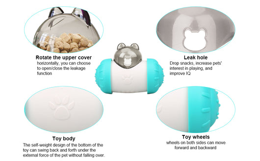 Pink and white bear-shaped pet treat dispenser toy filled with kibble, with a kitten and dog in the background. - Image 12