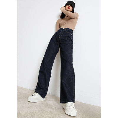 Pantalones Jeans Cintura Alta Pierna Recta Gris Humo - Corte Amplio y Drapeado - Image 2
