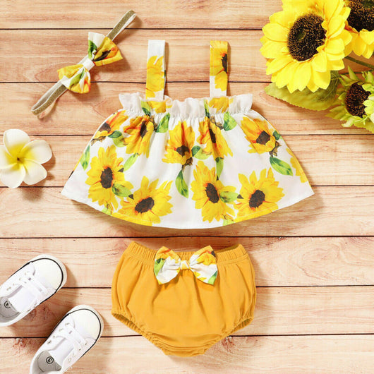 Conjunto de Tres Piezas para Bebé: Blusa y Shorts Estampado Girasol - Image 10