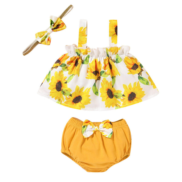 Conjunto de Tres Piezas para Bebé: Blusa y Shorts Estampado Girasol