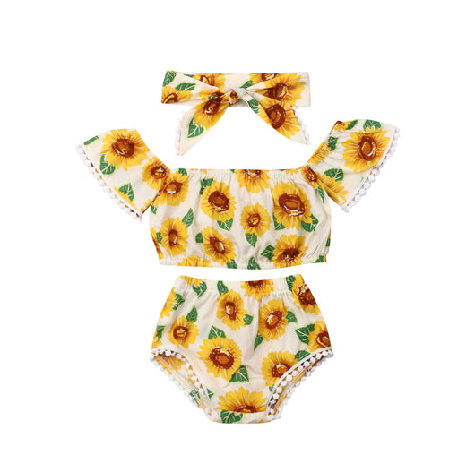 Traje de Baño Infantil Estampado Girasoles - Top Asimétrico y Short Triangular