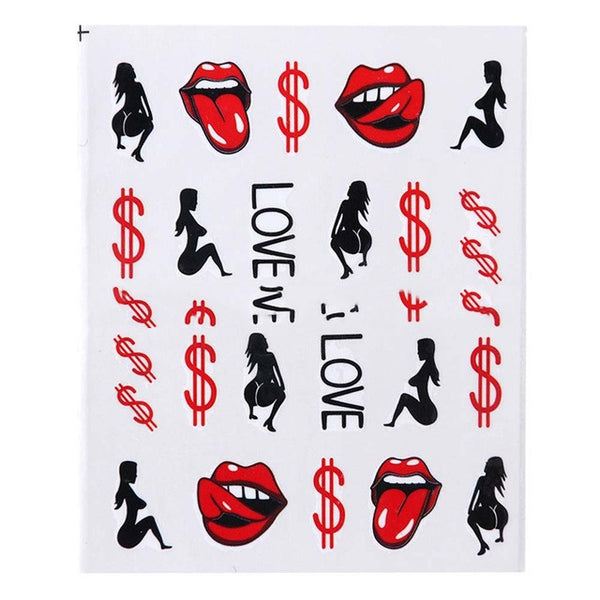 Stickers de Agua para Uñas Estilo Europeo - Labios Rojos y Lengua Sexy