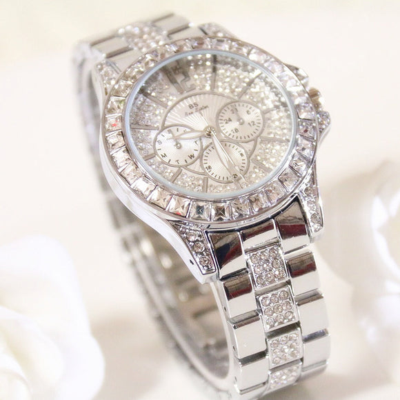 Reloj de Lujo para Mujer con Tres Cristales y Diamantes de Imitación