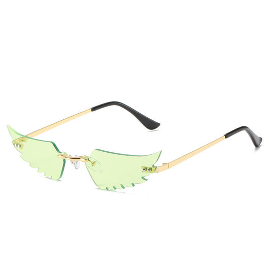 Red angel wings sunglasses with gold metal arms and black earpieces, featuring a unique rimless design. - Image 4