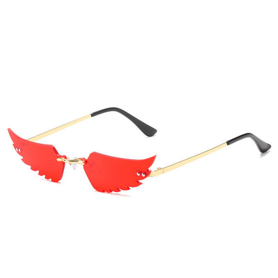 Red angel wings sunglasses with gold metal arms and black earpieces, featuring a unique rimless design. - Image 7