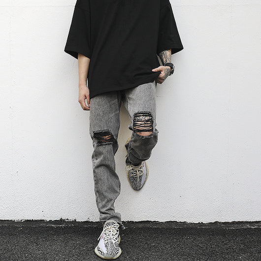 Jeans Slim Fit Gris Desgastado con Roturas y Zipper - Estilo Hip-Hop Urbano - Image 9