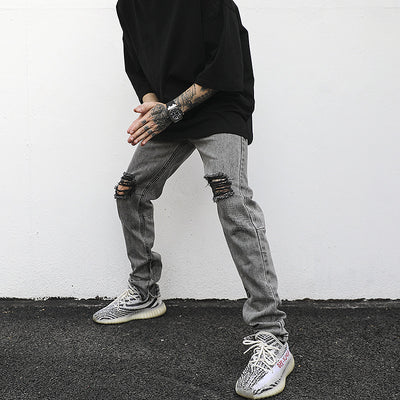 Jeans Slim Fit Gris Desgastado con Roturas y Zipper - Estilo Hip-Hop Urbano - Image 8