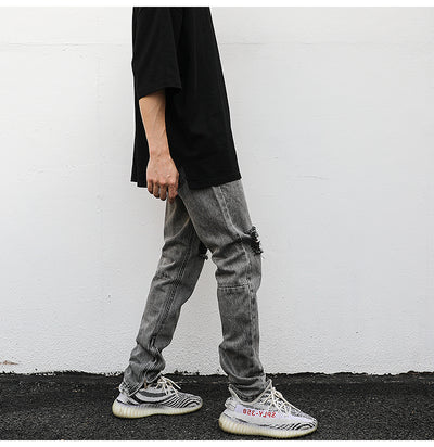 Jeans Slim Fit Gris Desgastado con Roturas y Zipper - Estilo Hip-Hop Urbano - Image 11