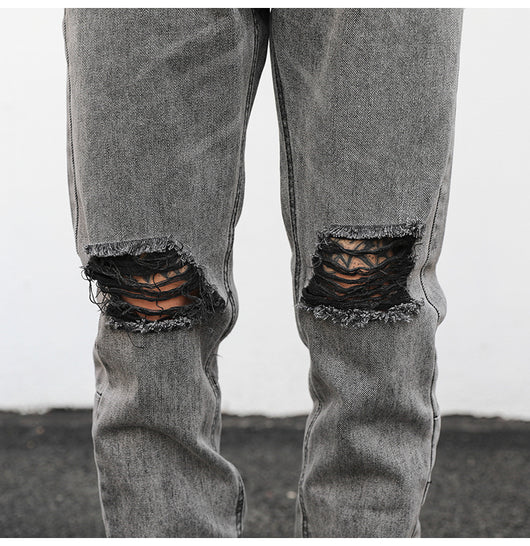 Jeans Slim Fit Gris Desgastado con Roturas y Zipper - Estilo Hip-Hop Urbano - Image 12