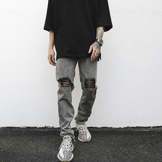 Jeans Slim Fit Gris Desgastado con Roturas y Zipper - Estilo Hip-Hop Urbano