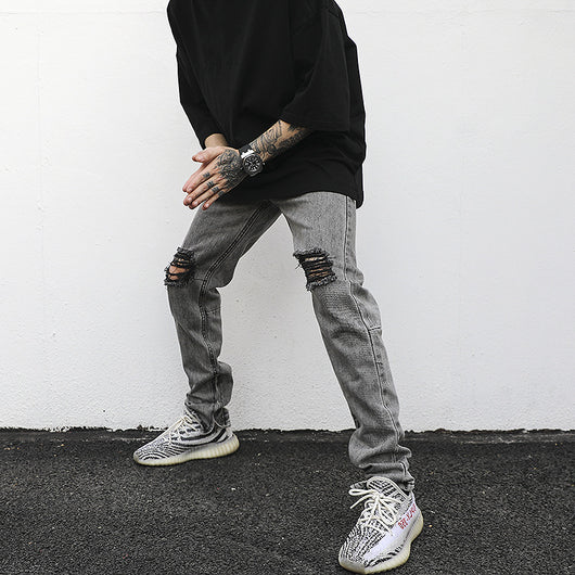 Jeans Slim Fit Gris Desgastado con Roturas y Zipper - Estilo Hip-Hop Urbano - Image 3