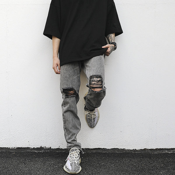 Jeans Slim Fit Gris Desgastado con Roturas y Zipper - Estilo Hip-Hop Urbano - Image 5