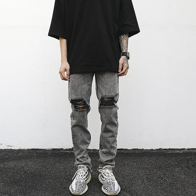 Jeans Slim Fit Gris Desgastado con Roturas y Zipper - Estilo Hip-Hop Urbano - Image 4