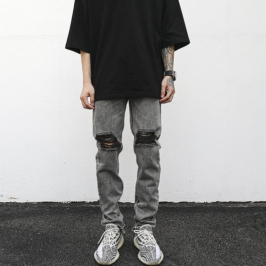 Jeans Slim Fit Gris Desgastado con Roturas y Zipper - Estilo Hip-Hop Urbano - Image 4