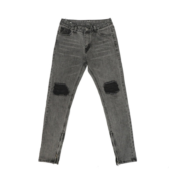 Jeans Slim Fit Gris Desgastado con Roturas y Zipper - Estilo Hip-Hop Urbano
