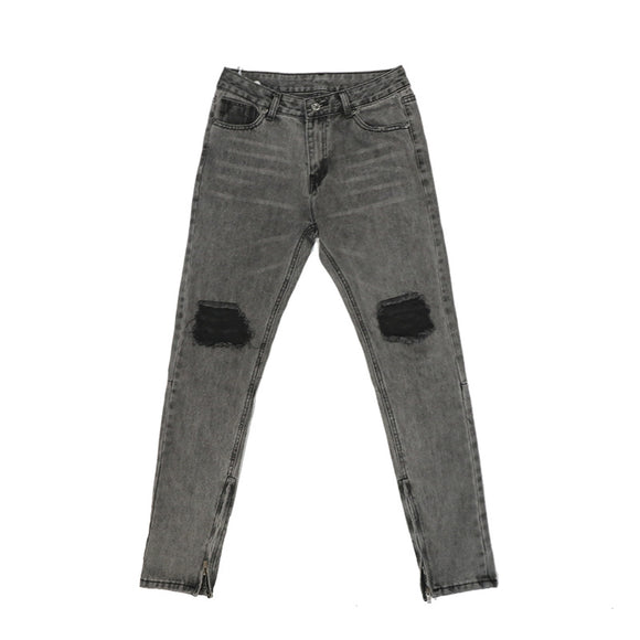 Calça Jeans Slim Fit Cinza Desbotada com Rasgos e Zíper - Estilo Hip-Hop Urbano