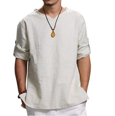 Camisa Hombre Algodón y Lino con Cuello Tipo Pullover - Image 3