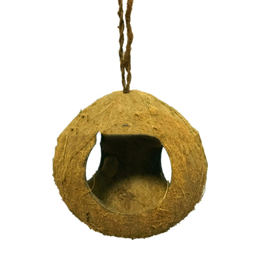 Natural coconut shell bird feeder with multiple openings, suspended by a rope, with small birds inside and flying. - Image 10