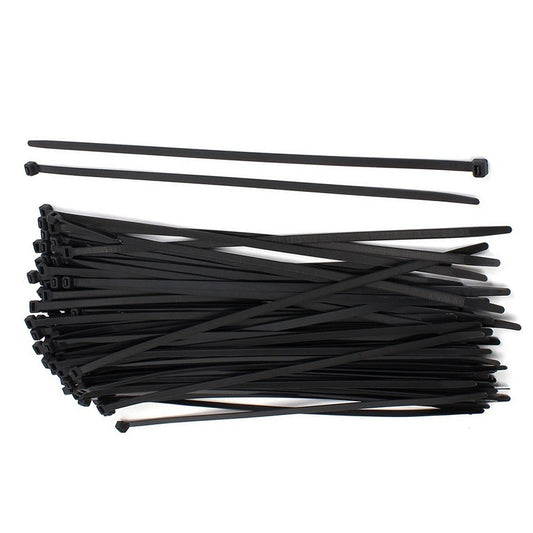 Pile of black cable ties with locking mechanisms, ideal for organizing cables and securing items.