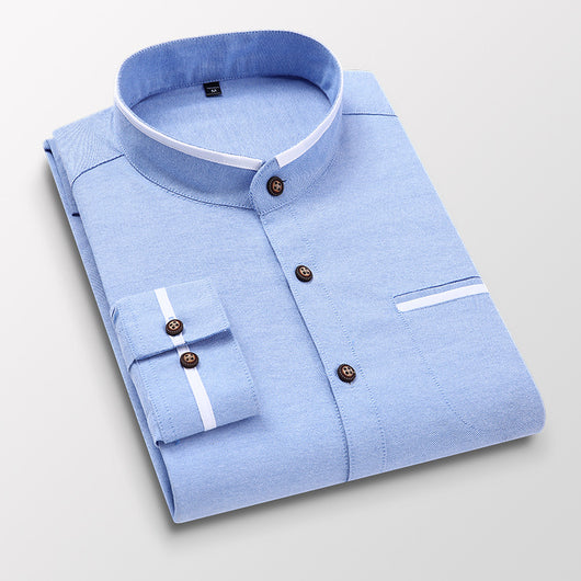 Camisa de Cuello Mao Clásica de Manga Larga - Colores Lisos Versátiles - Image 8