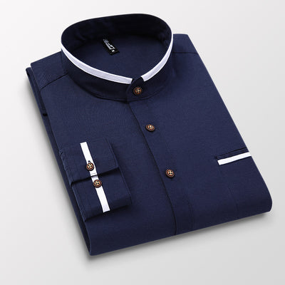 Camisa de Cuello Mao Clásica de Manga Larga - Colores Lisos Versátiles - Image 9