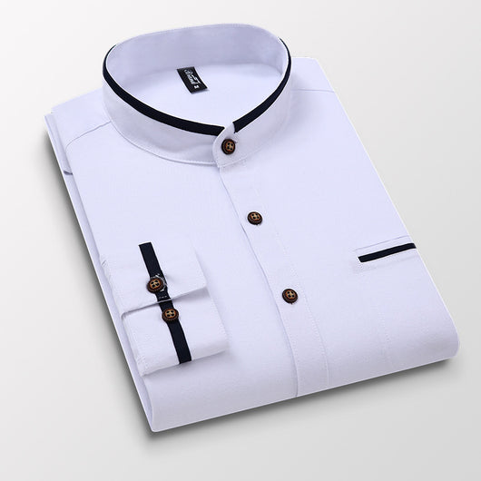Camisa de Cuello Mao Clásica de Manga Larga - Colores Lisos Versátiles - Image 3