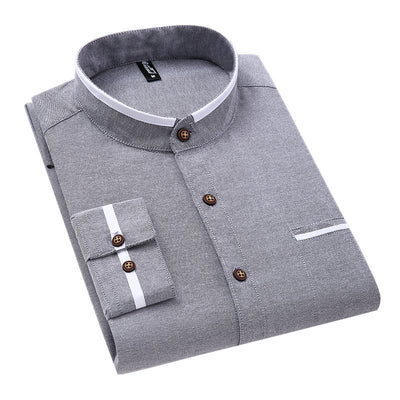 Camisa de Cuello Mao Clásica de Manga Larga - Colores Lisos Versátiles - Image 4