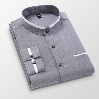 Camisa de Cuello Mao Clásica de Manga Larga - Colores Lisos Versátiles - Image 5
