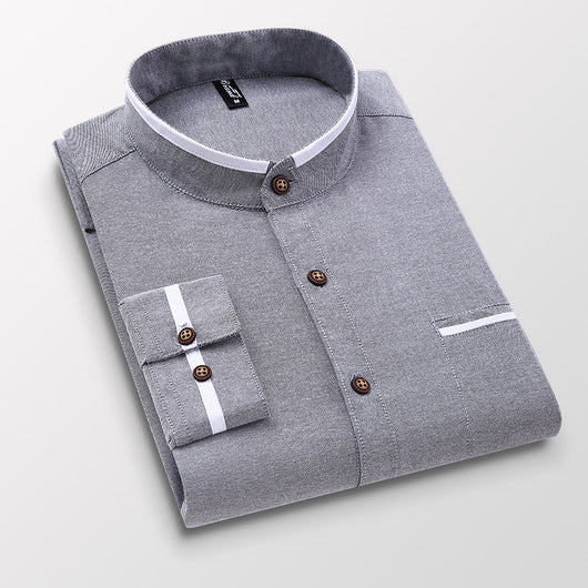 Camisa de Cuello Mao Clásica de Manga Larga - Colores Lisos Versátiles - Image 5
