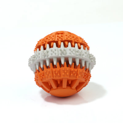 Orange and white rubber pet toy ball with textured surface for teeth cleaning and food dispensing. - Image 4