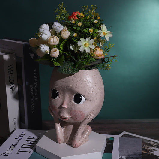 Maceta Decorativa Cabeza de Niña con Flores - Jardín Nórdico de Escritorio