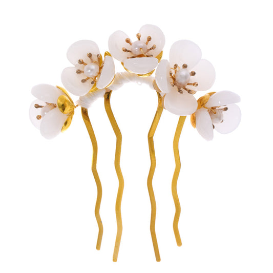 Tocado Hanfu Artesanal con Horquilla de Flores y Perlas - Accesorio Antiguo para el Cabello